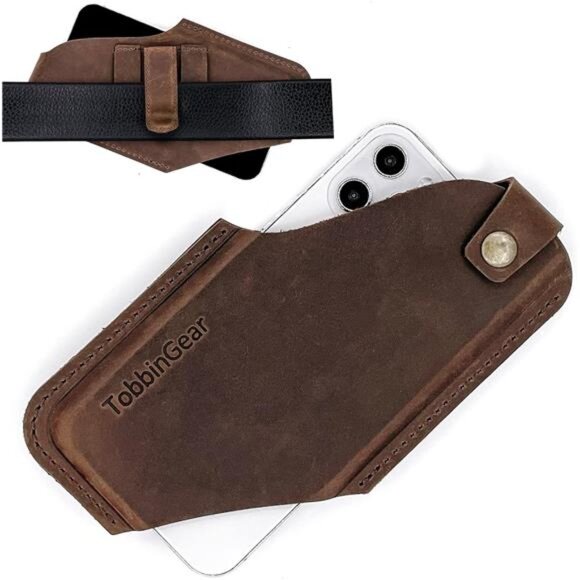 Leather Cell Phone Holster with Belt Clip, Leather Belt Phone Pouch, Universal - Picture 1 of 7